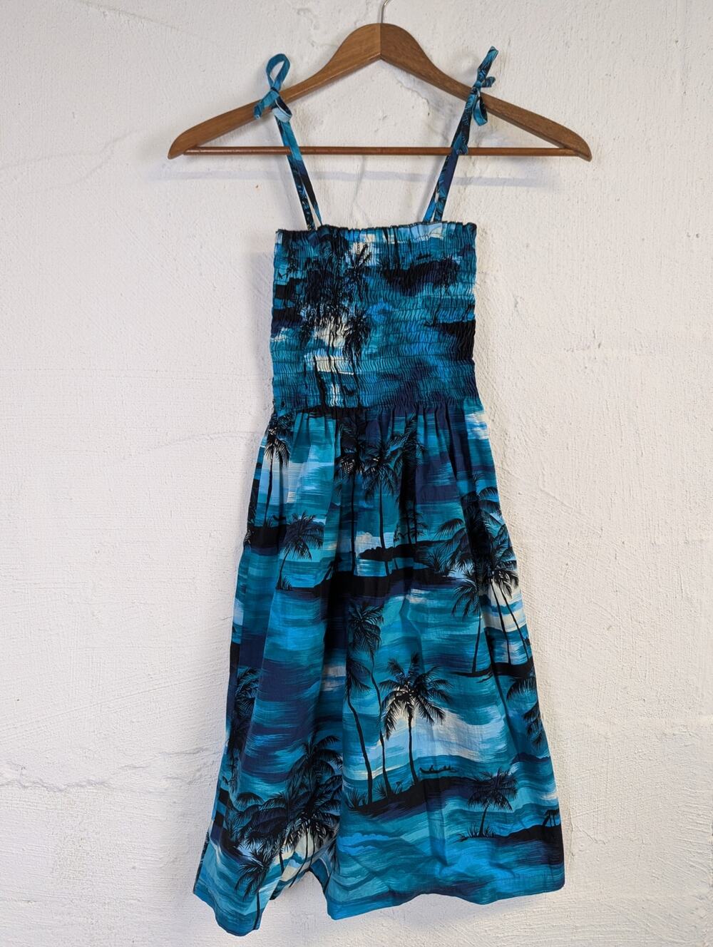 Puanani by RJC Hawaiian Sundress Blue Ocean Tie Straps Stretch Smocked Small